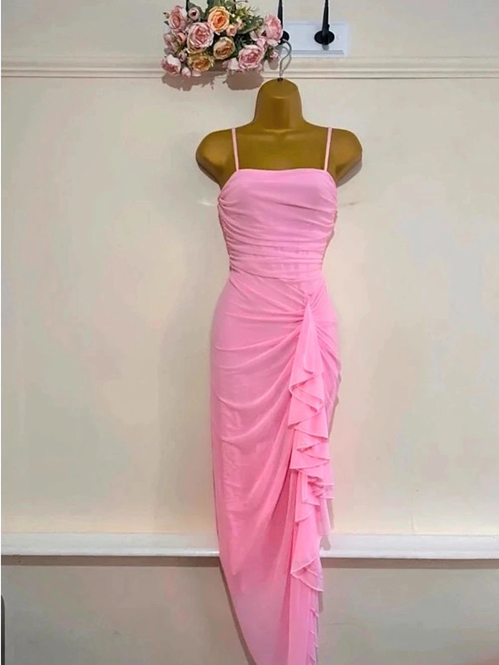 Ruched Ruffle Maxi Dress in Pink